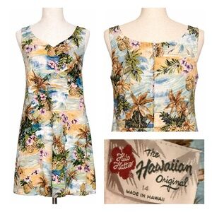 Hilo Hattie vintage Hawaiian sheath dress- surfers, flowers and pineapples XL
